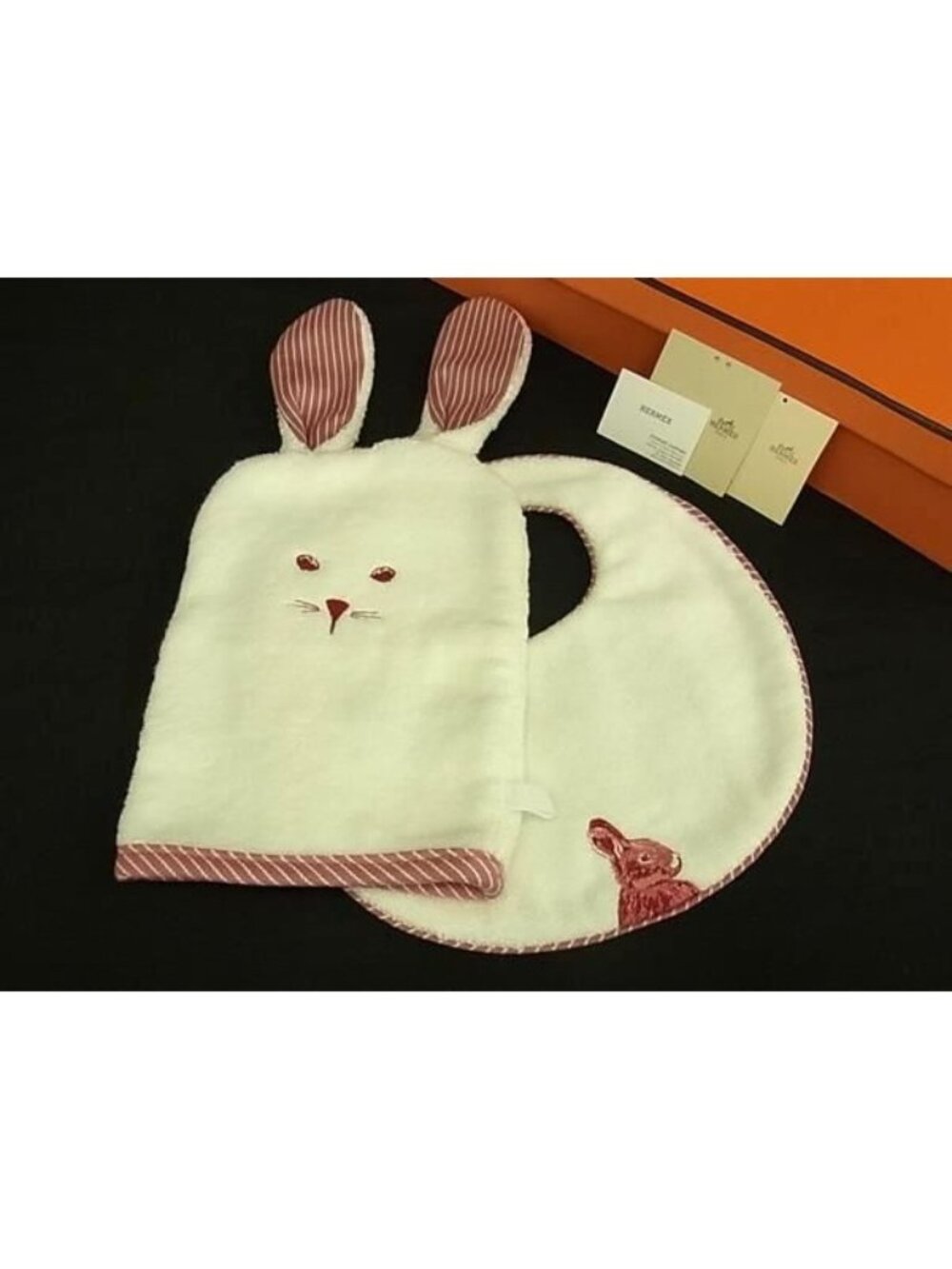 Hermes Cotton 100% Rabbit Baby Bib Body Mittens Set Ivory